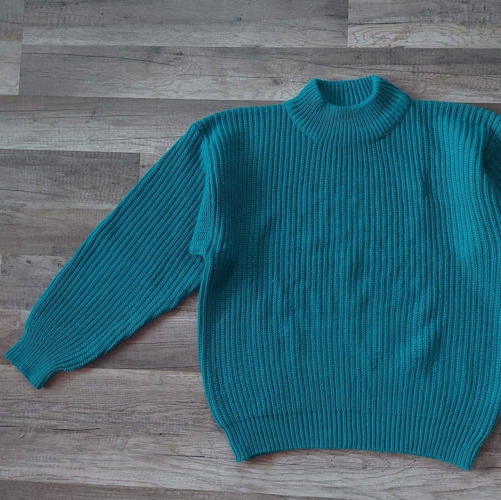 Vintage 80s 90s Teal Chunky Knit Sweater Medium